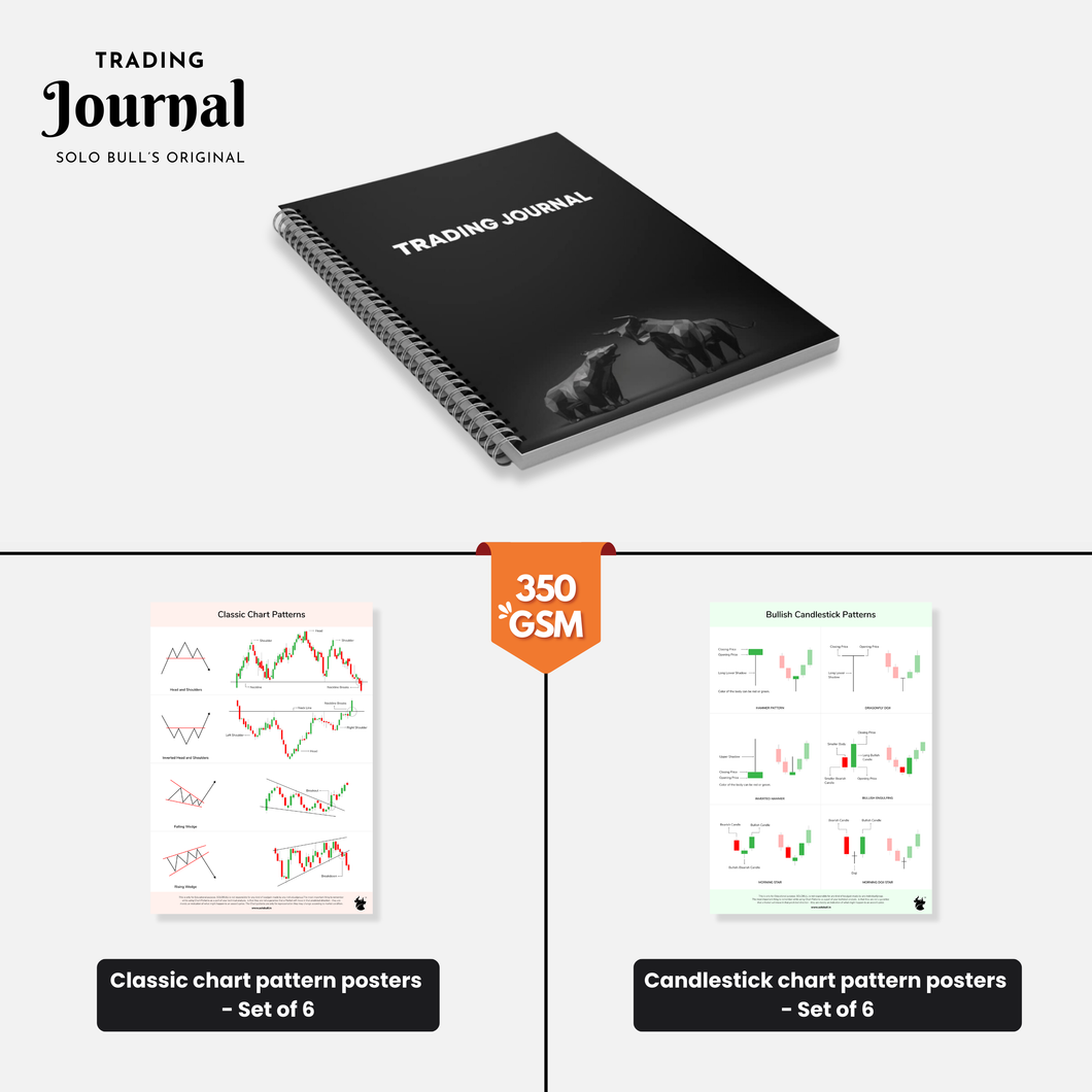 Trading Kit Combo 2.0 - [ 1 Trading Journal 2.0 + Classic Chart Patterns Posters - Set of 6 Sheets + Candlestick Chart Patterns Posters - Set of 6 Sheets] | Stock | Options | Futures